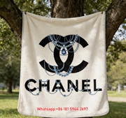Luxury Blue Gem Chain Chanel Double C Logo Flannel Sofa Throw Blanket IMG_6996